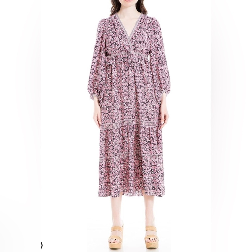 NEW Max Studio Pink Floral Tiered Balloon Sleeves Midi Dress US S